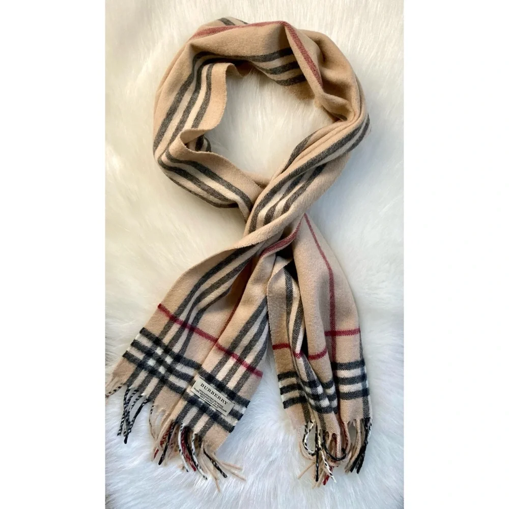 Burberry Beige Vintage Check Cashmere Scarf with Black and Red Stripes
